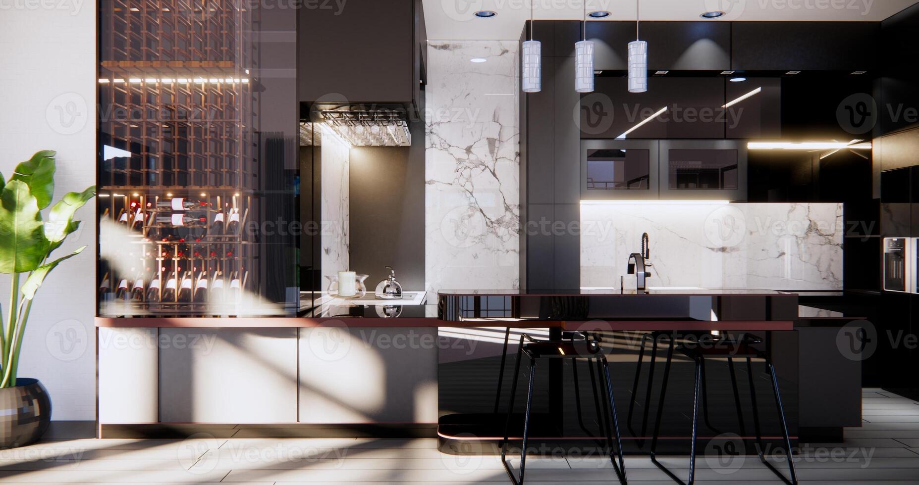 The modern black and white kitchen is not only a functional workspace but also a visual delight, where form and function harmoniously coexist. It is a testament to the beauty of simplicity photo