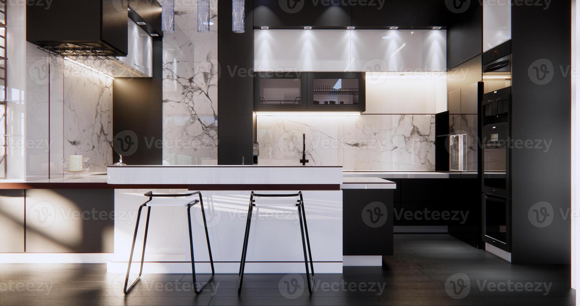 The modern black and white kitchen is not only a functional workspace but also a visual delight, where form and function harmoniously coexist. It is a testament to the beauty of simplicity photo