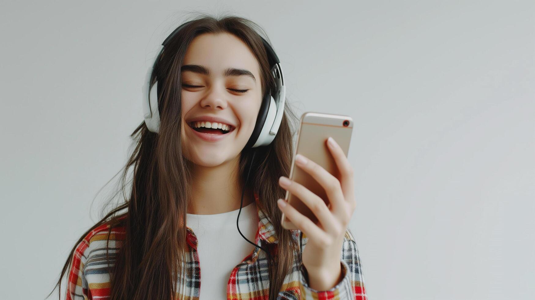 AI generated Happy smiling young woman using smartphone and listening podcast by headphone, lifestyle concept photo