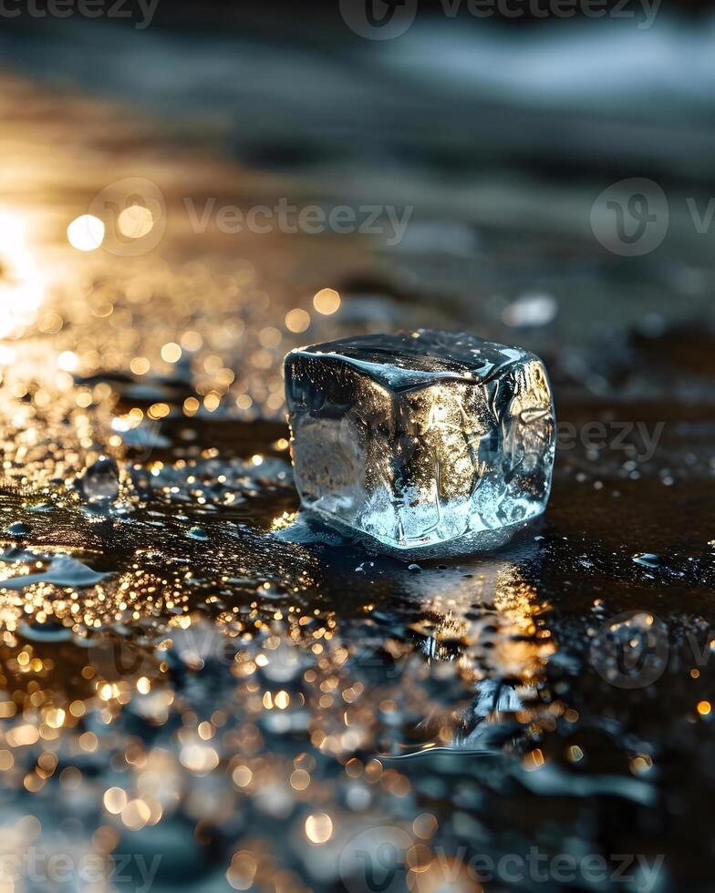 AI generated an ice cube sitting on top of a puddle of water photo