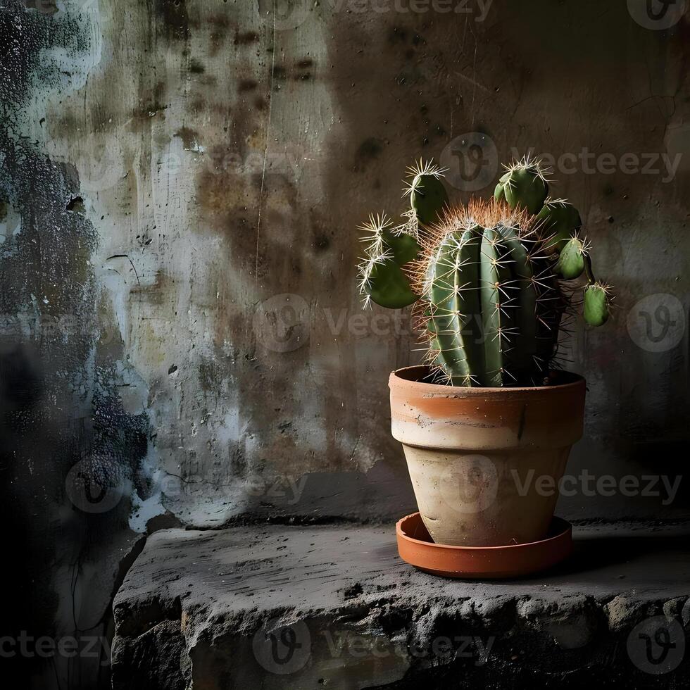 ai generado un pequeño cactus en un arcilla maceta en un repisa foto