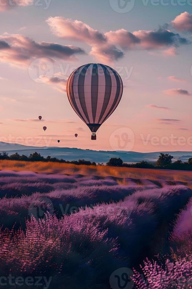 AI generated a hot air balloon flying over a lavender field photo