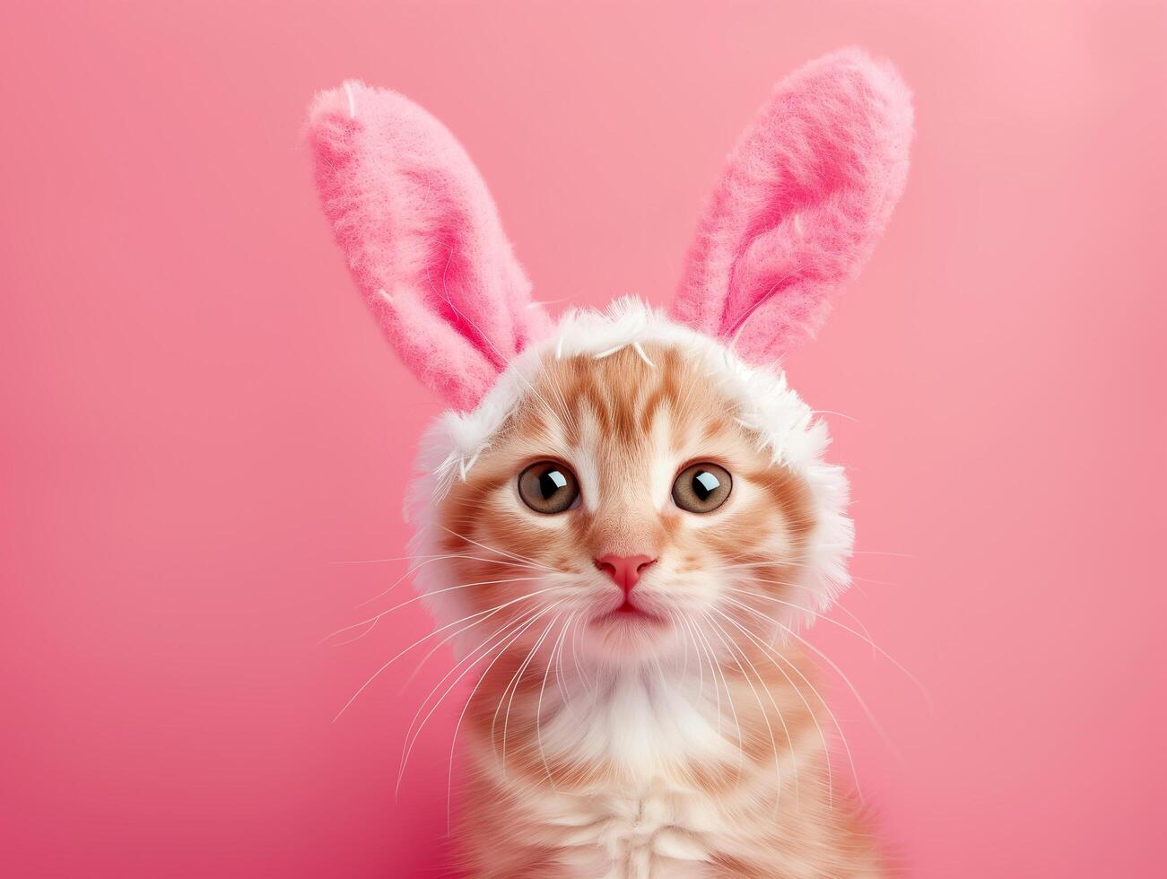 AI generated Cute cat wearing bunny ears headband studio shot background, easter egg celebration concept photo