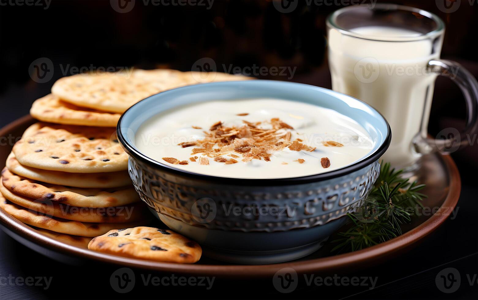 AI generated A delicious winter meal with biscuits and milk in a bowl photo