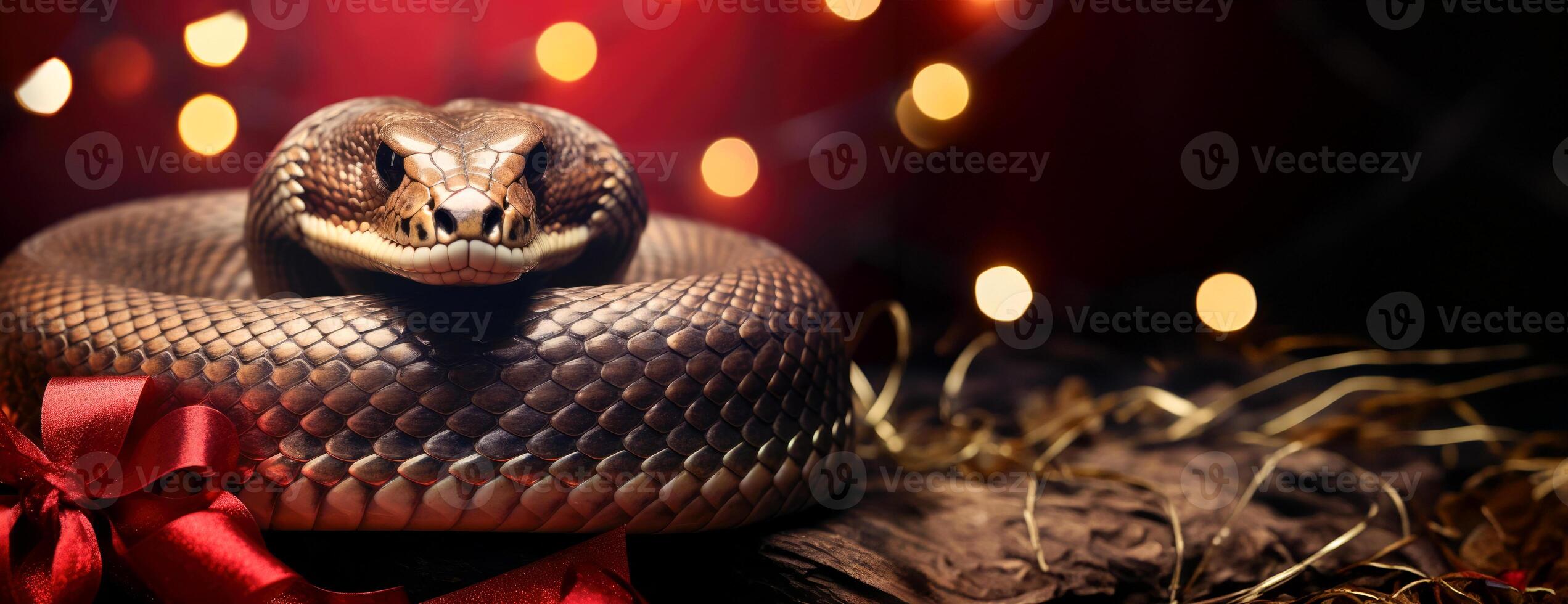 AI Generated Red background with snake as a symbol of Christmas and new year. Place for copying photo