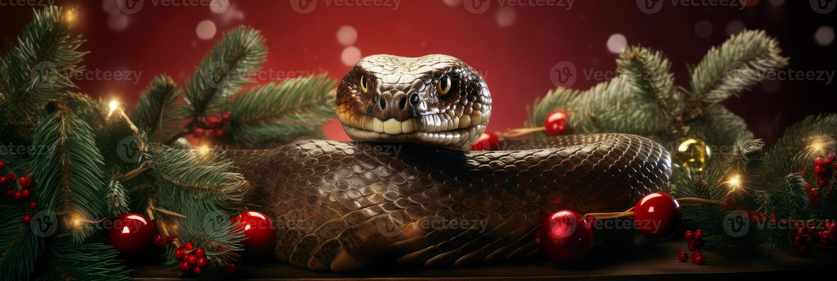 AI Generated Snake on a New Year's background of red color, decorated with fir branches, with space for advertising and text photo