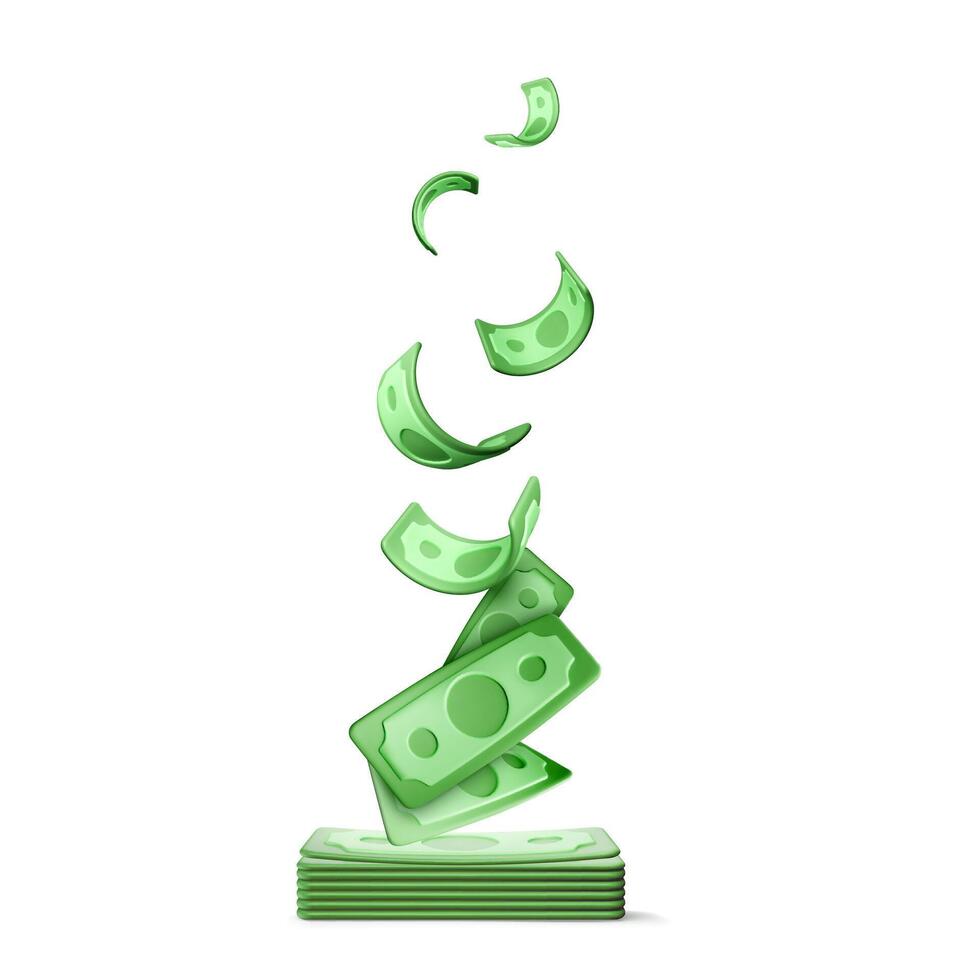 Green USA paper currency. Falling twisted money. 3d dollar isolated on white background. Realistic money business concept. Wealth and success symbol. Vector illustration