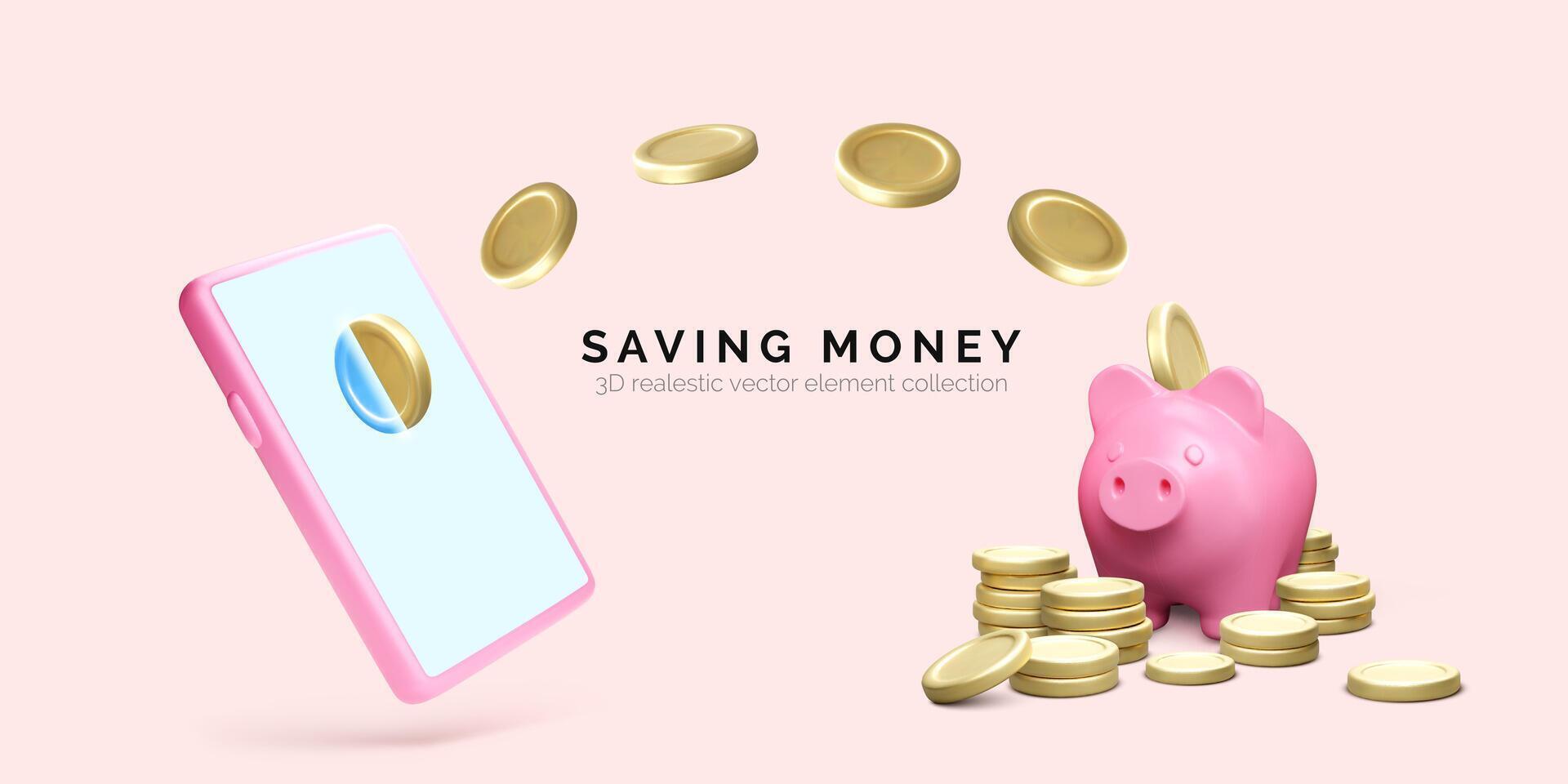 Mobile phone with flying gold coins and piggy bank. Saving money business template. Piggy bank concept of money deposit and investment for financial app or online service. Vector illustration