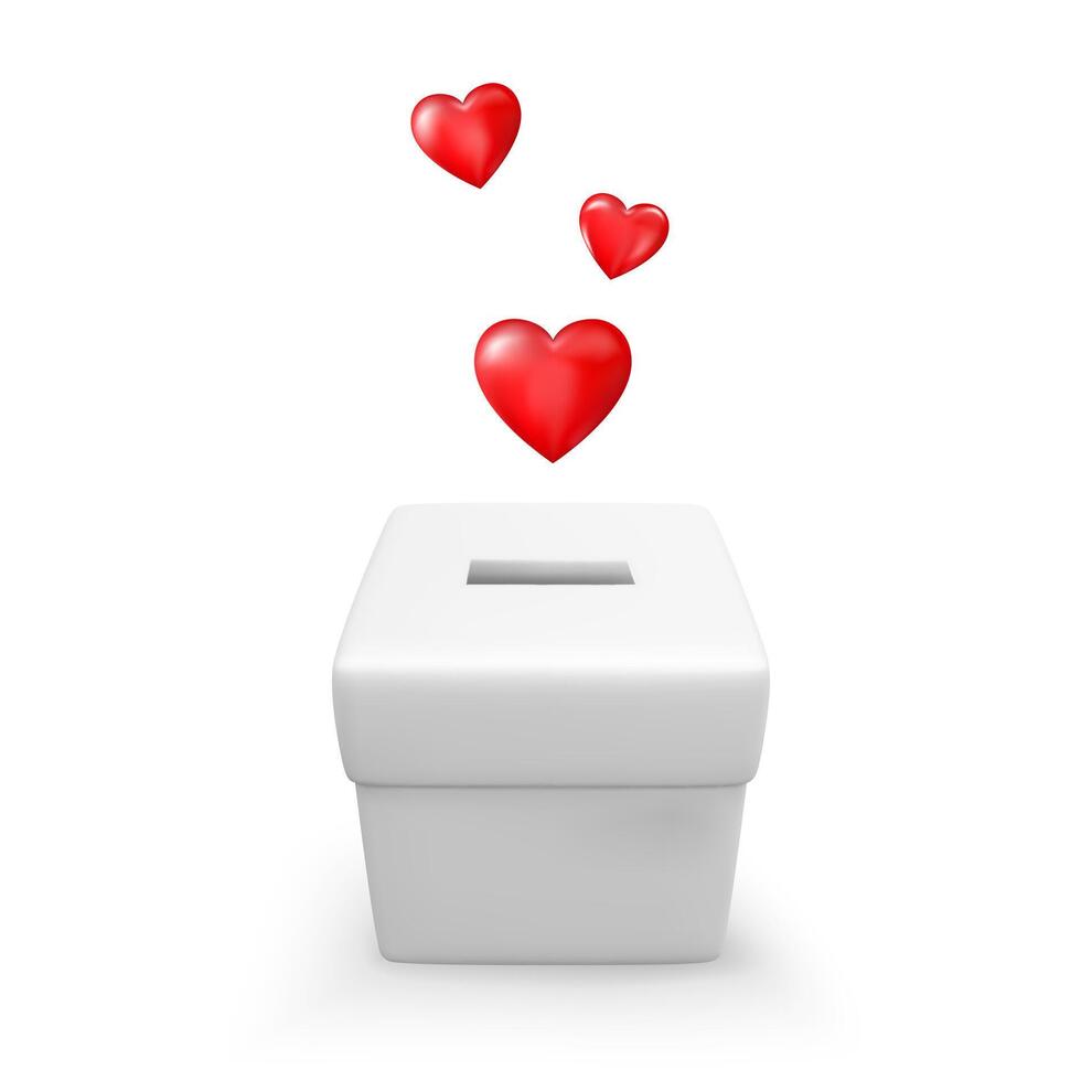 3D heart and cartoon white donation box. Donation and charity concept. Vector illustration