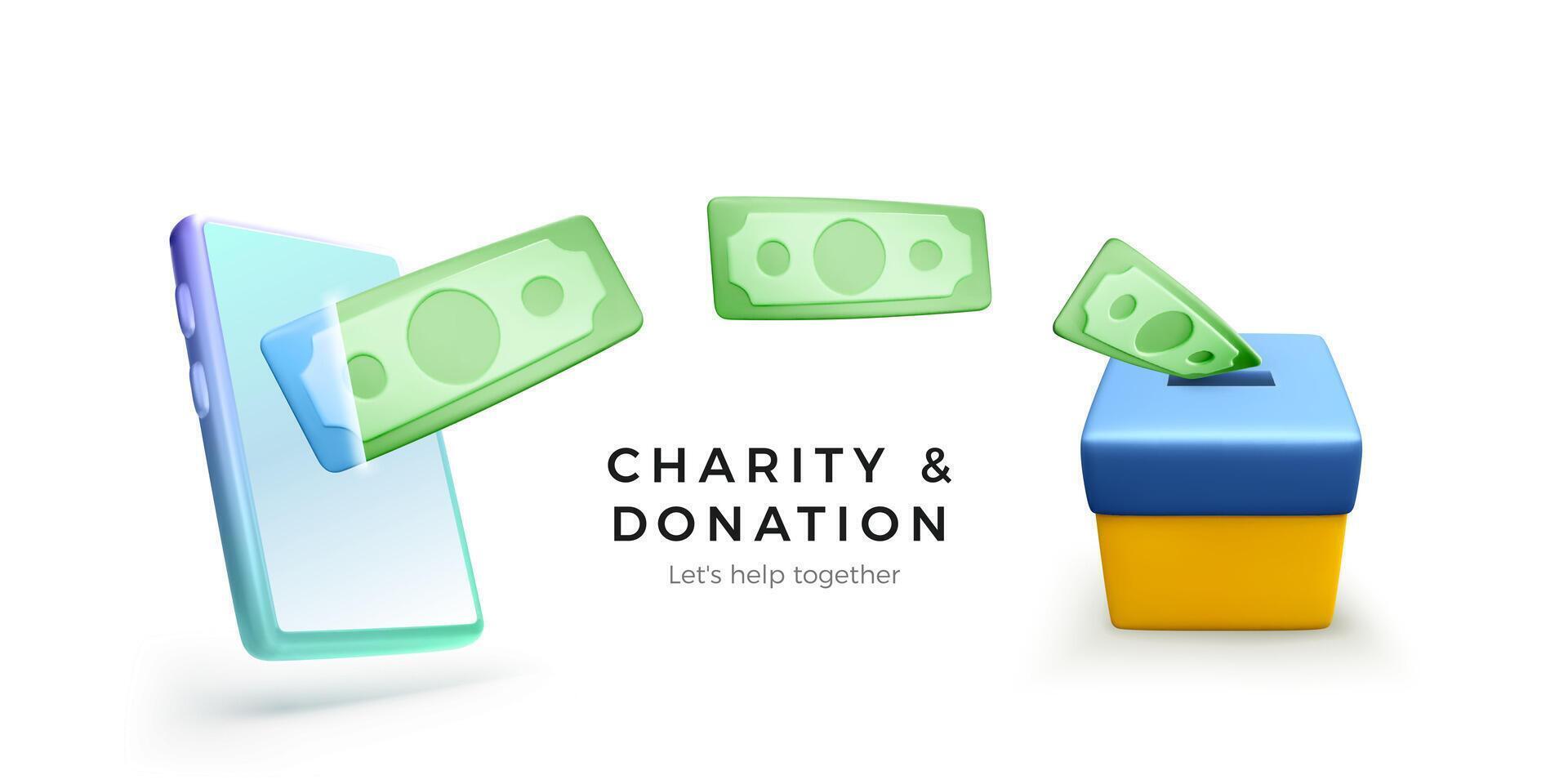 Falling green paper dollars from mobile phone to donation box colour in national Ukrainian flag. Fundraising for victims of the war in Ukraine. Mobile app or online donation service. Vector