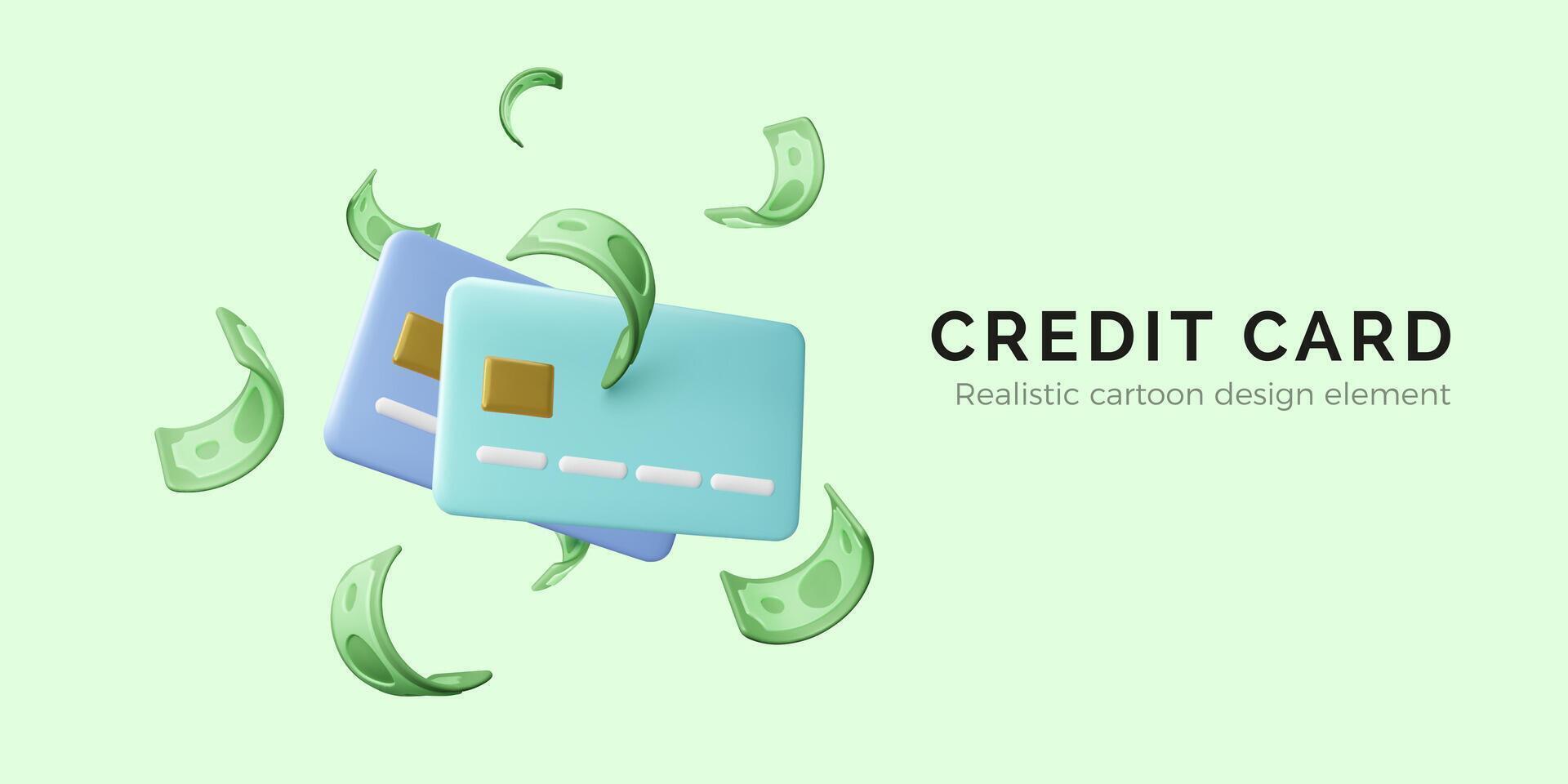 Cartoon style green and blue flying credit card with green paper currency. Banking operation. Financial transactions and payments. Credit card for online payment or shopping. Vector illustration
