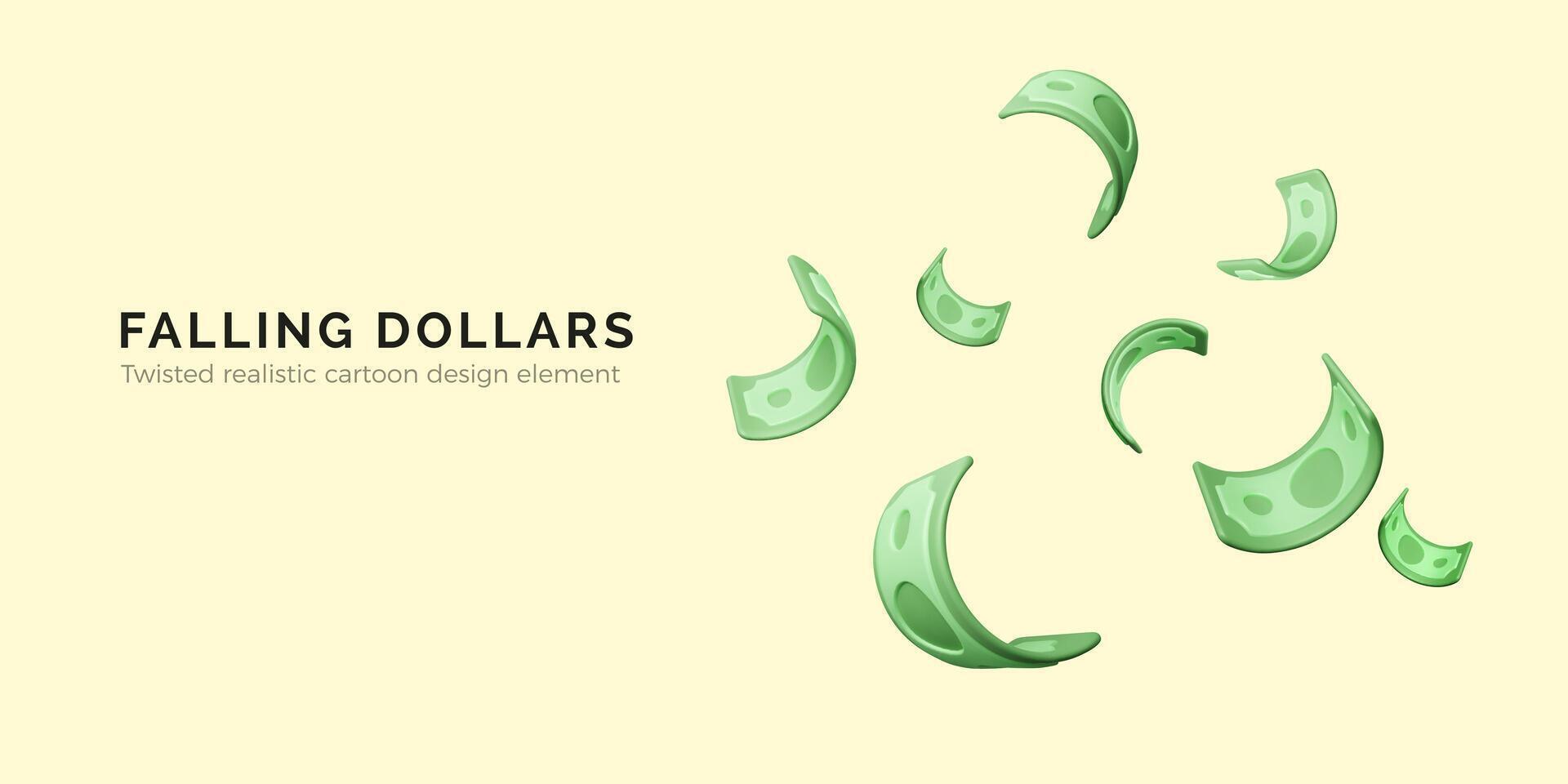 Set of twisted green paper currency. Paper money in realistic 3D style for banner. Twisted Dollar Bill. Vector illustration