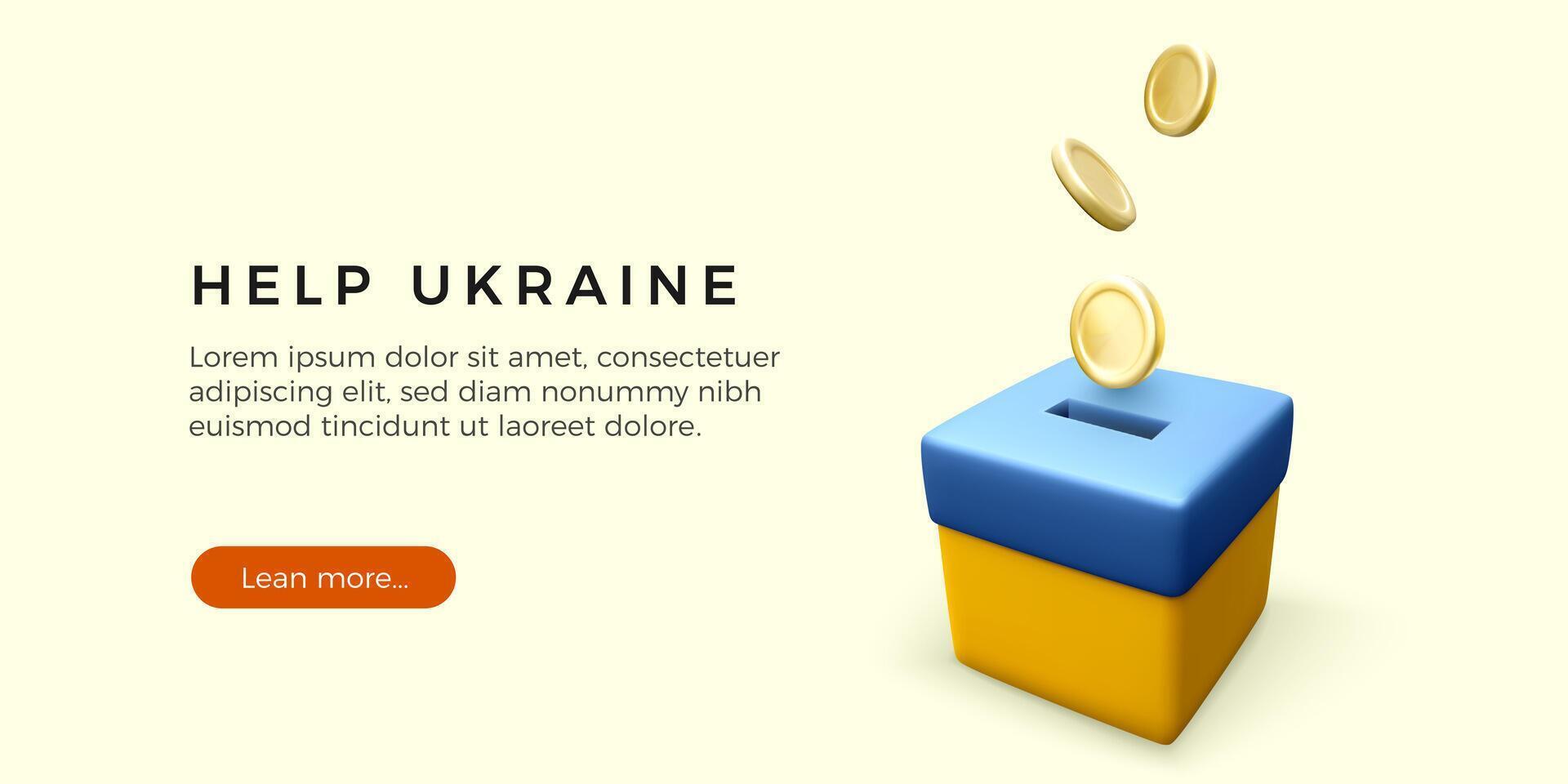 Fundraising for victims of the war in Ukraine template or web banner. Falling gold coins into donation box colour in national Ukrainian flag. Vector illustration
