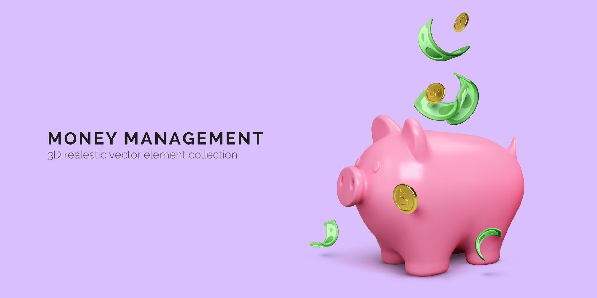 Pink piggy bank and falling twisted green paper money and gold coins. Finance investment banner isolated. Save money concept. Vector illustration