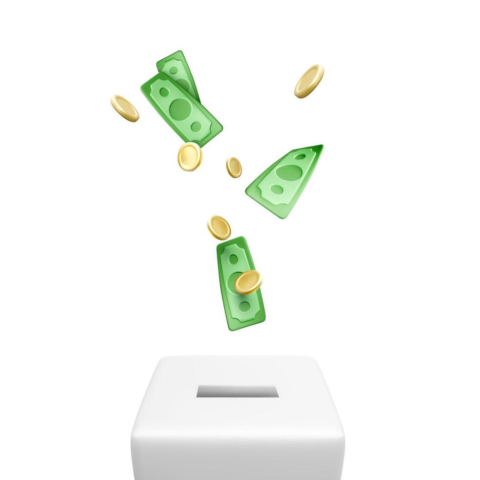 Donation box with falling gold coins and paper green dollars. 3D realistic charity and donation concept. Vector illustration