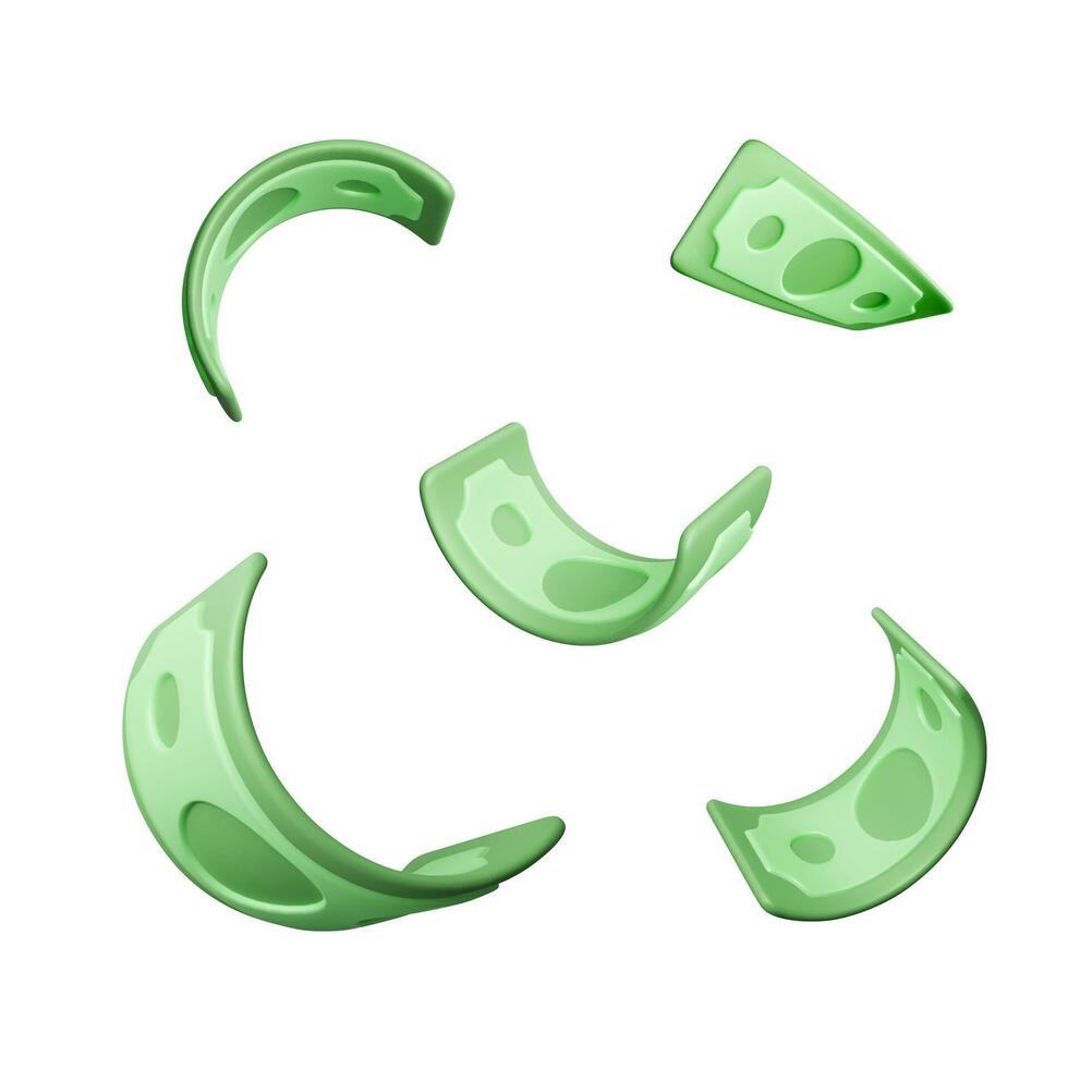Set of twisted green paper currency. Paper money in realistic 3D style. Twisted Dollar Bill. Vector illustration