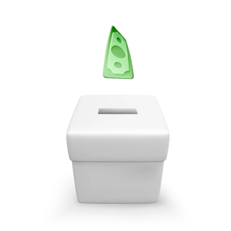 White donation box with falling paper dollar. 3D realistic charity and donation concept. Vector illustration