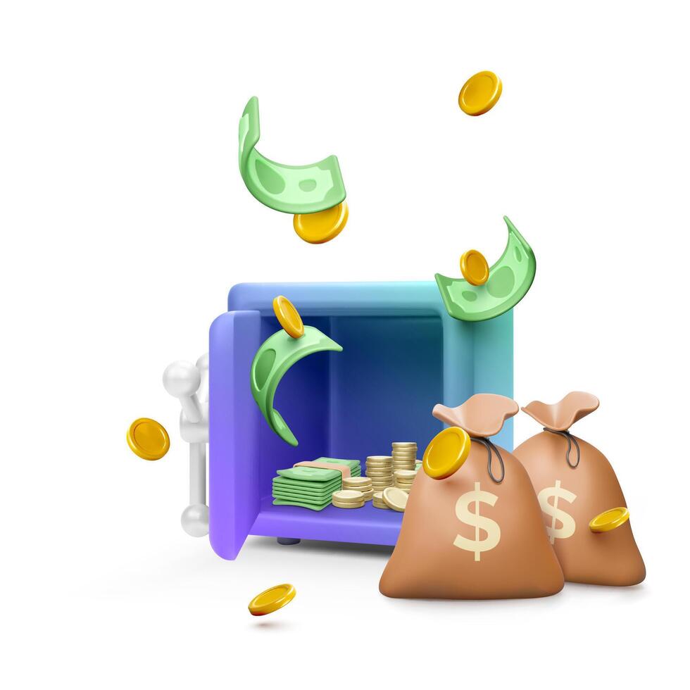 Money safe with open door and paper bills and gold coin inside and money bags next. Falling green dollars and coins in realistic cartoon style. Vector illustration