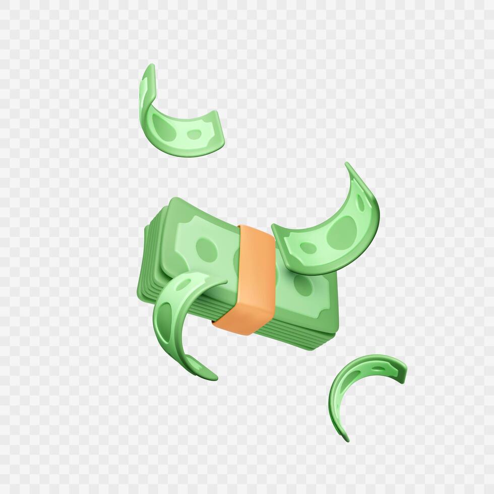Wad of cash and falling green paper dollars. Falling money template in realistic cartoon style. Business profit or casino jackpot win. Vector illustration