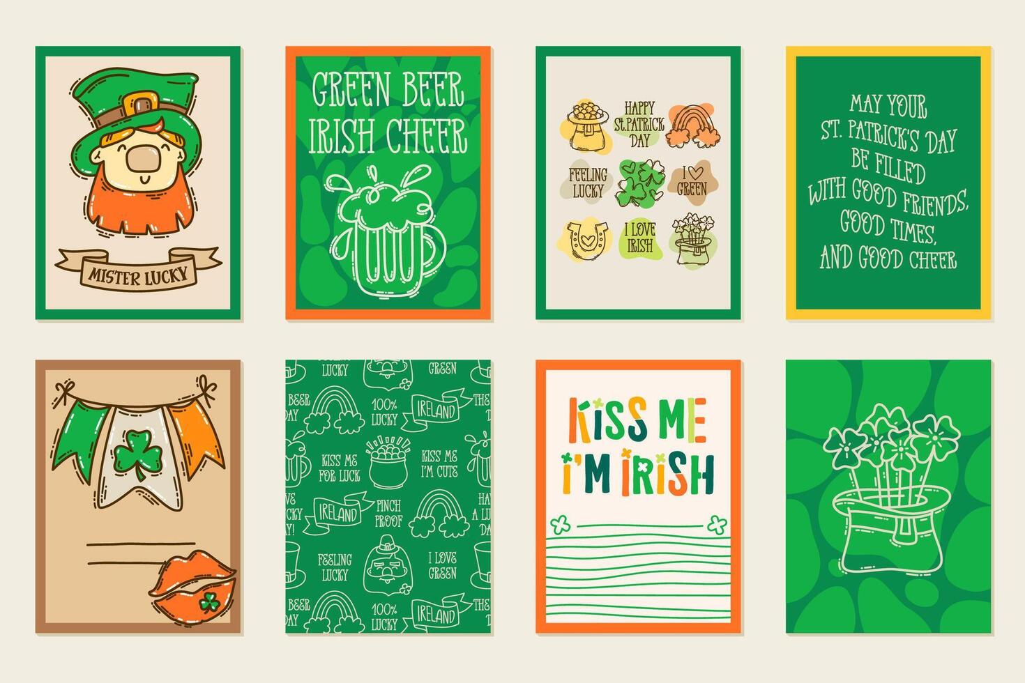 St Patricks Day printable poster set in doodle style, hand-drawn charming Irish-themed icons and elements. vector