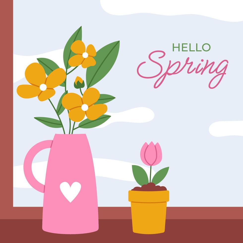 Flowers in pots on windowsill vector