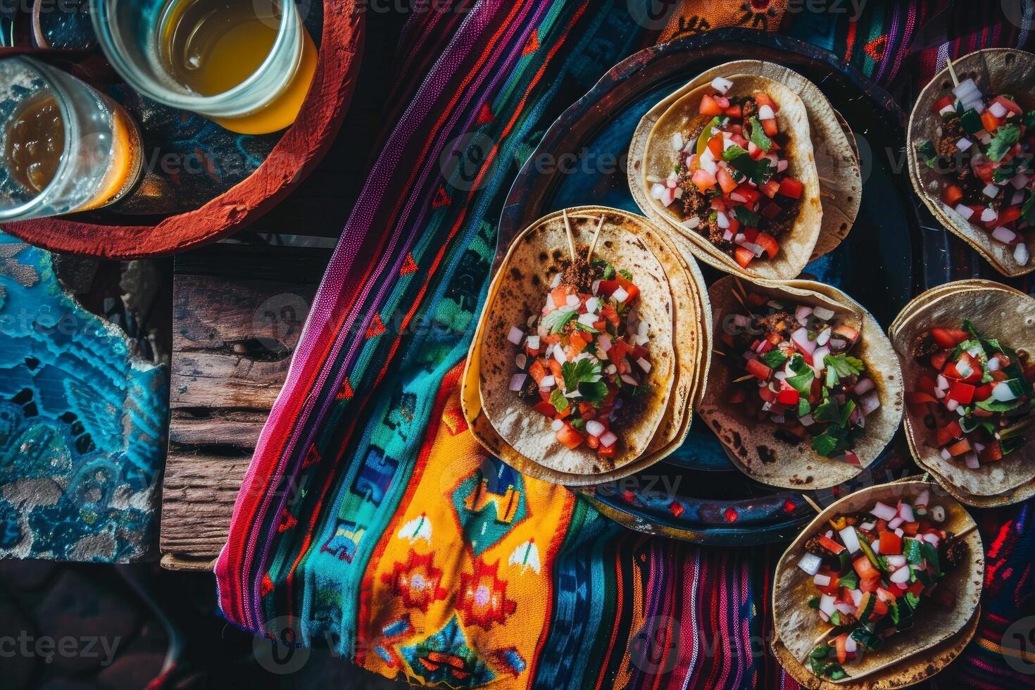 AI generated Mexican tacos with beef, tomatoes, onions and others on white background photo