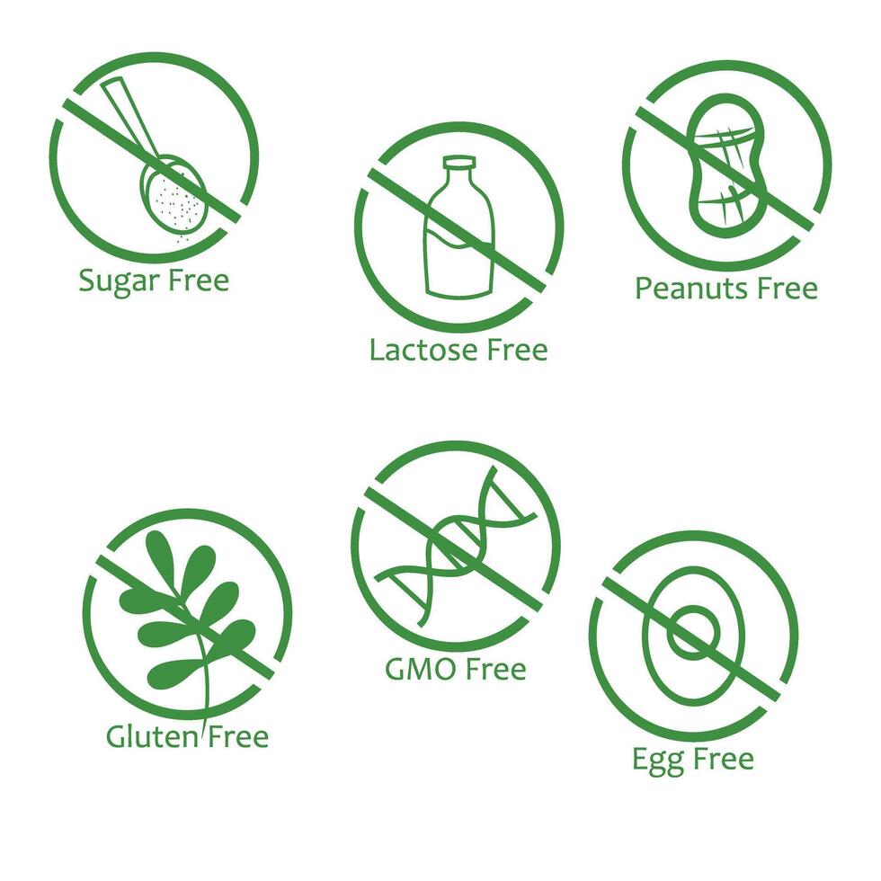 Set of Gluten, gmo, lactose, sugar, egg, peanuts free icons. Allergen free symbols vector