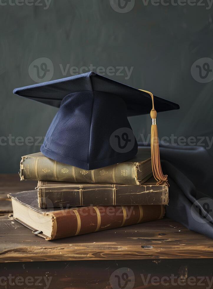 AI generated A graduation cap and books with golden tassels on the topand books. Generated by artificial intelligence. photo
