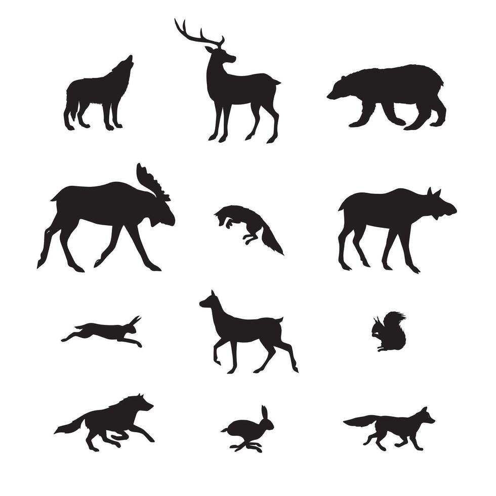Vector black set of forest wild animals silhouette
