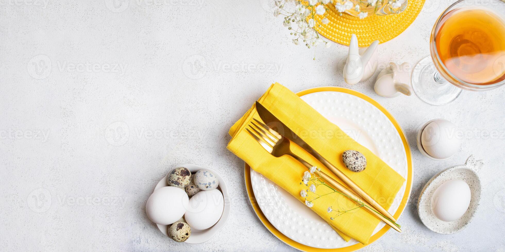 White with yellow restaurant table serving top view. Festive invitation. Banner. Copy space. photo