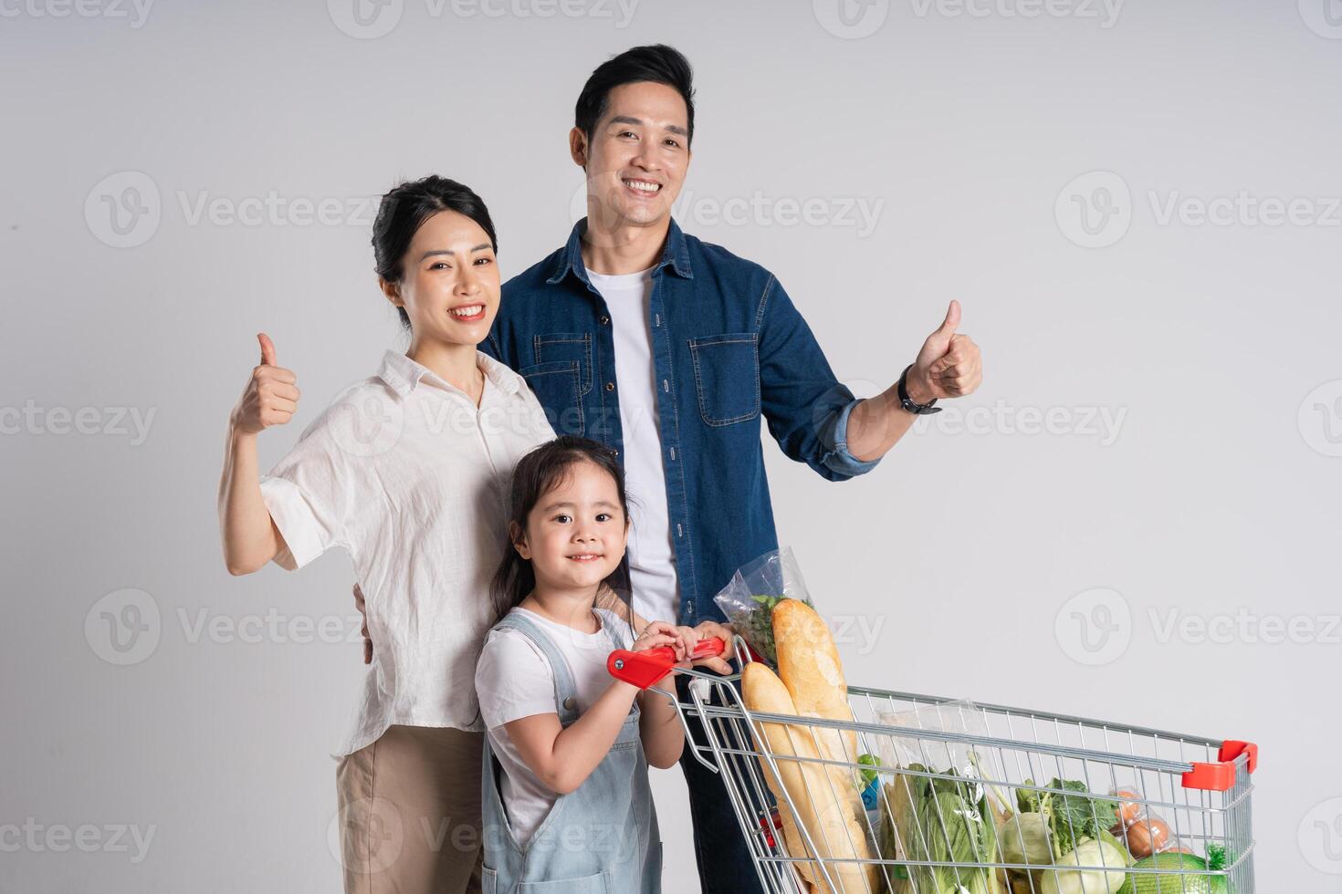 imagen de asiático familia emprendedor un supermercado carro mientras compras, aislado en blanco antecedentes foto