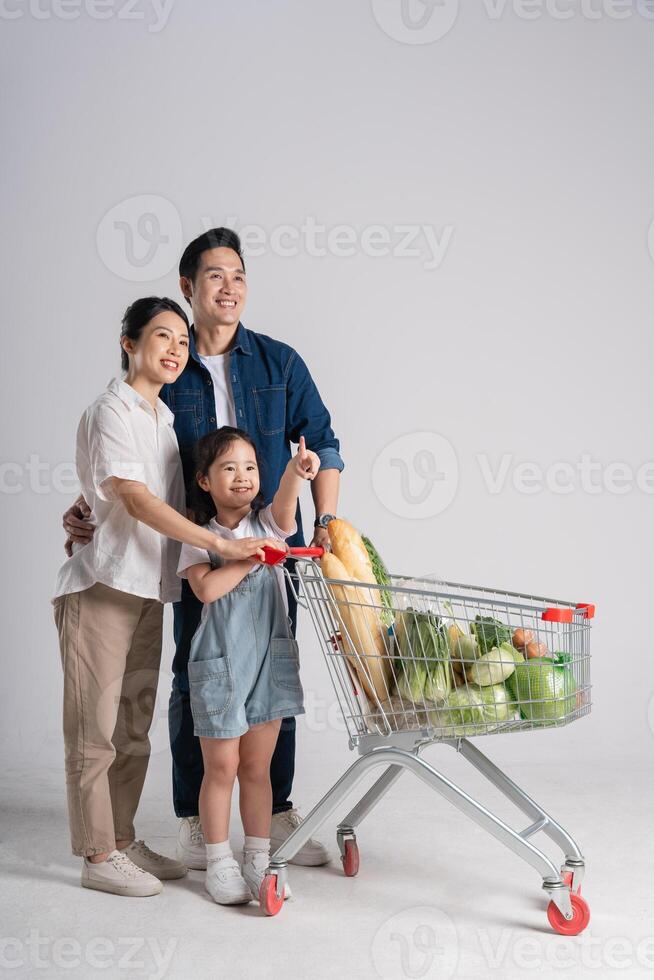 imagen de asiático familia emprendedor un supermercado carro mientras compras, aislado en blanco antecedentes foto