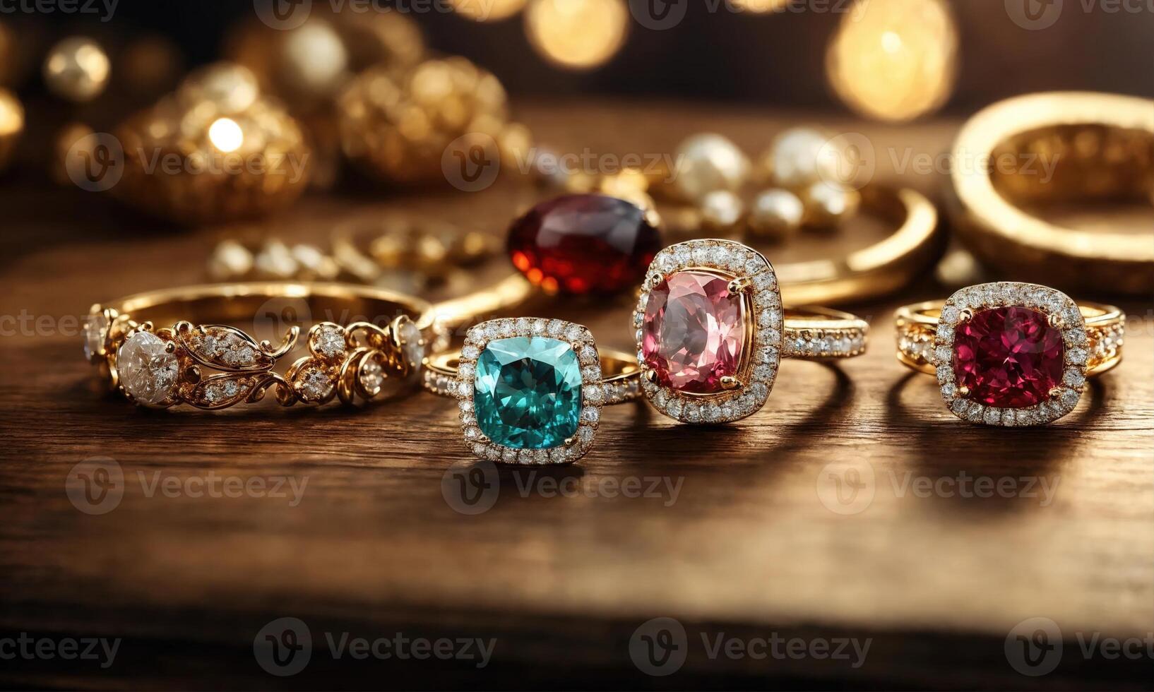 AI generated jewelry diamond ring on wooden table with bokeh background. ai generative photo