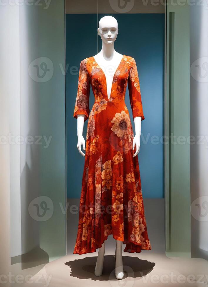 AI generated Fashionable evening orange summer dress on a mannequin. ai generative. ai generative photo