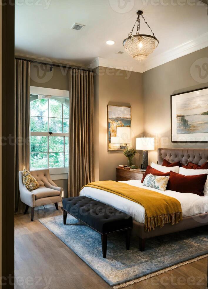 AI generated interior of classic bedroom, comfortable king size bed. ai generative photo