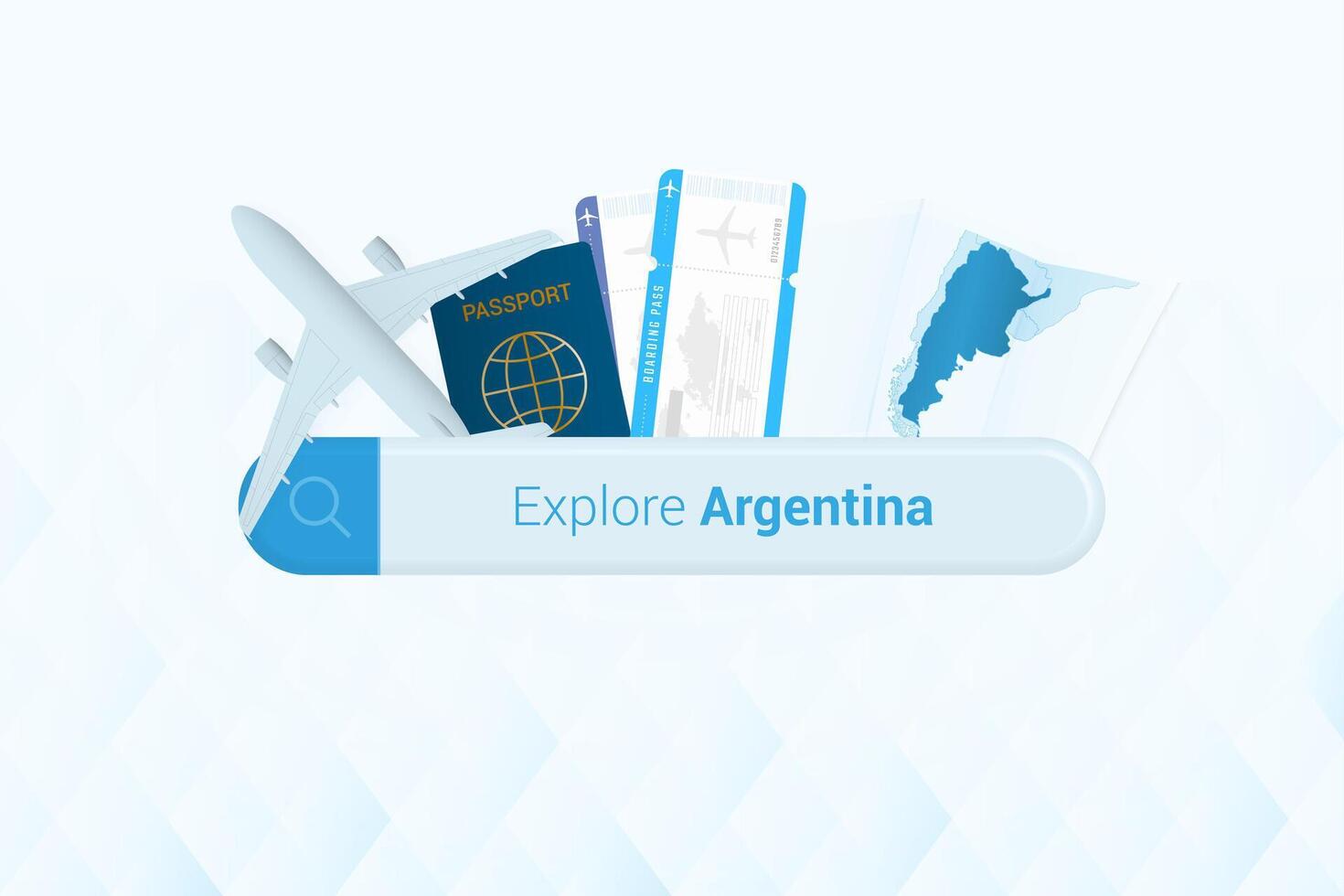 buscando Entradas a argentina o viaje destino en argentina. buscando bar con avión, pasaporte, embarque aprobar, Entradas y mapa. vector