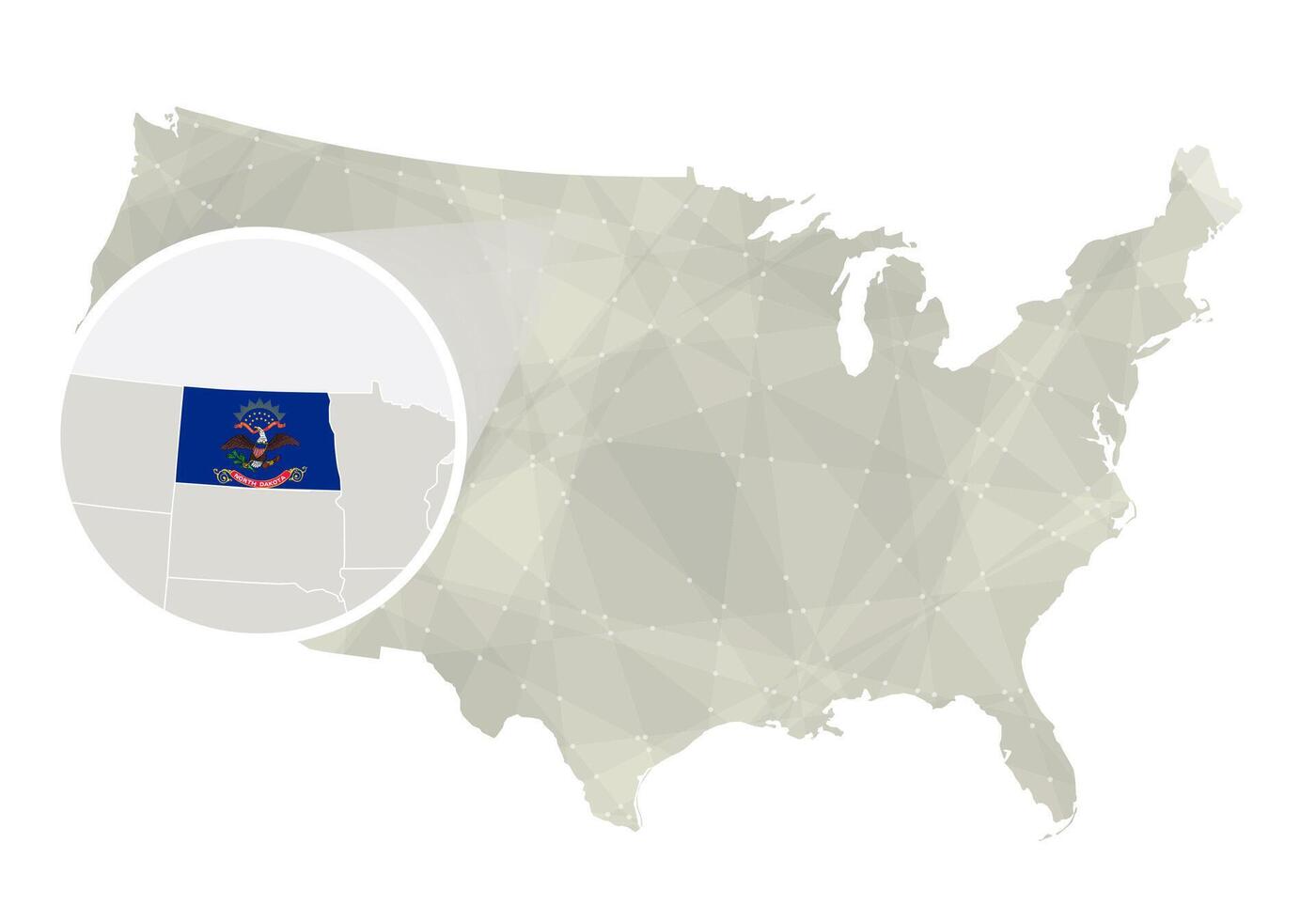 poligonal resumen Estados Unidos mapa con magnificado norte Dakota estado. vector
