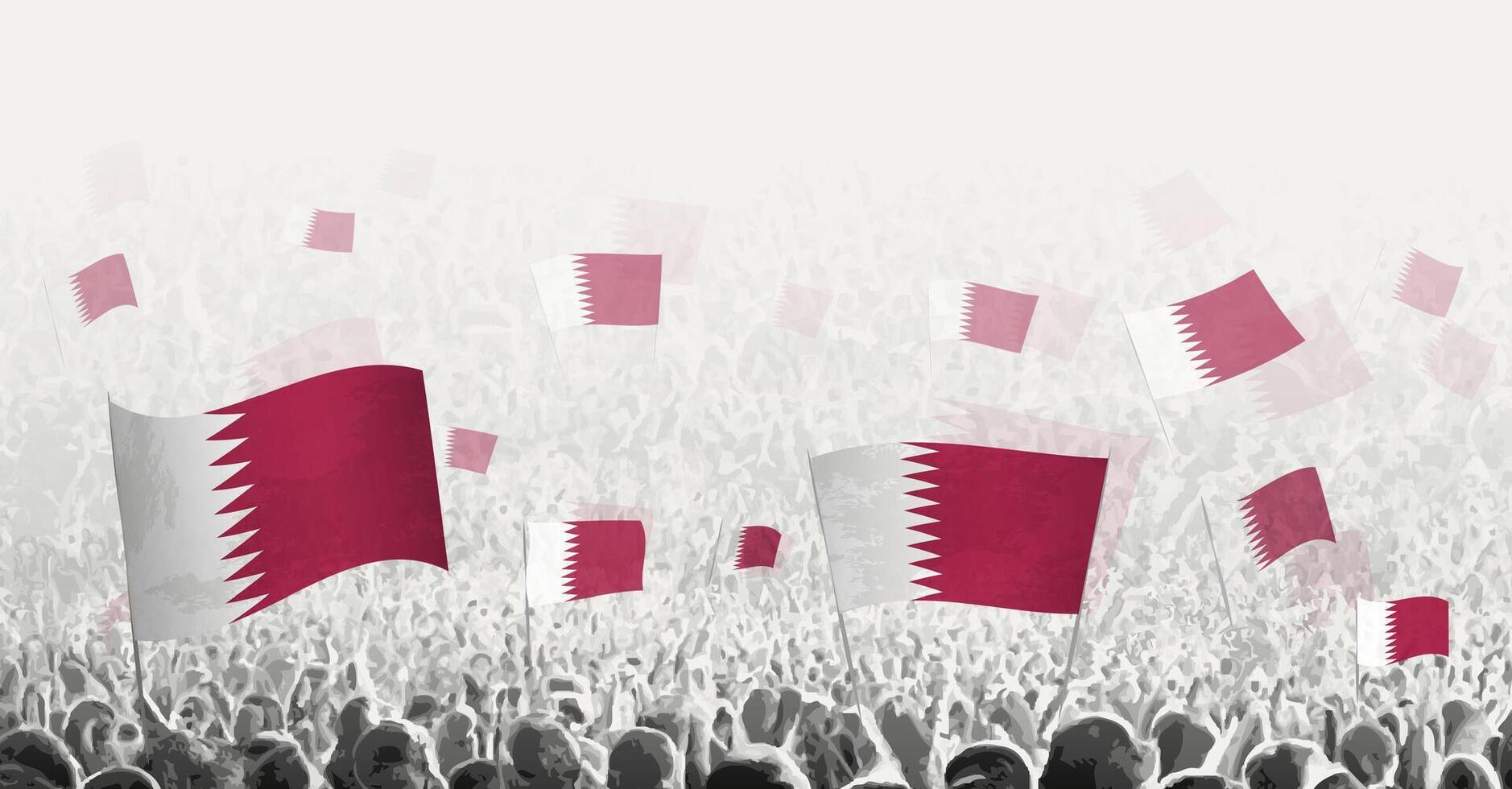 resumen multitud con bandera de Katar. pueblos protesta, revolución, Huelga y demostración con bandera de Katar. vector