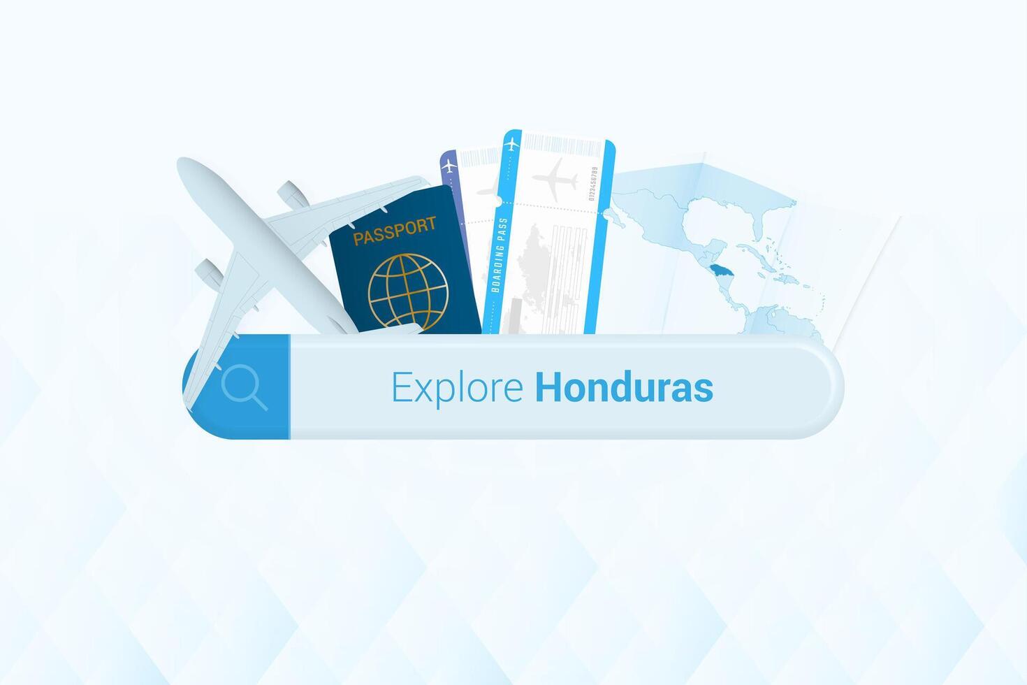 Searching tickets to Honduras or travel destination in Honduras. Searching bar with airplane, passport, boarding pass, tickets and map. vector