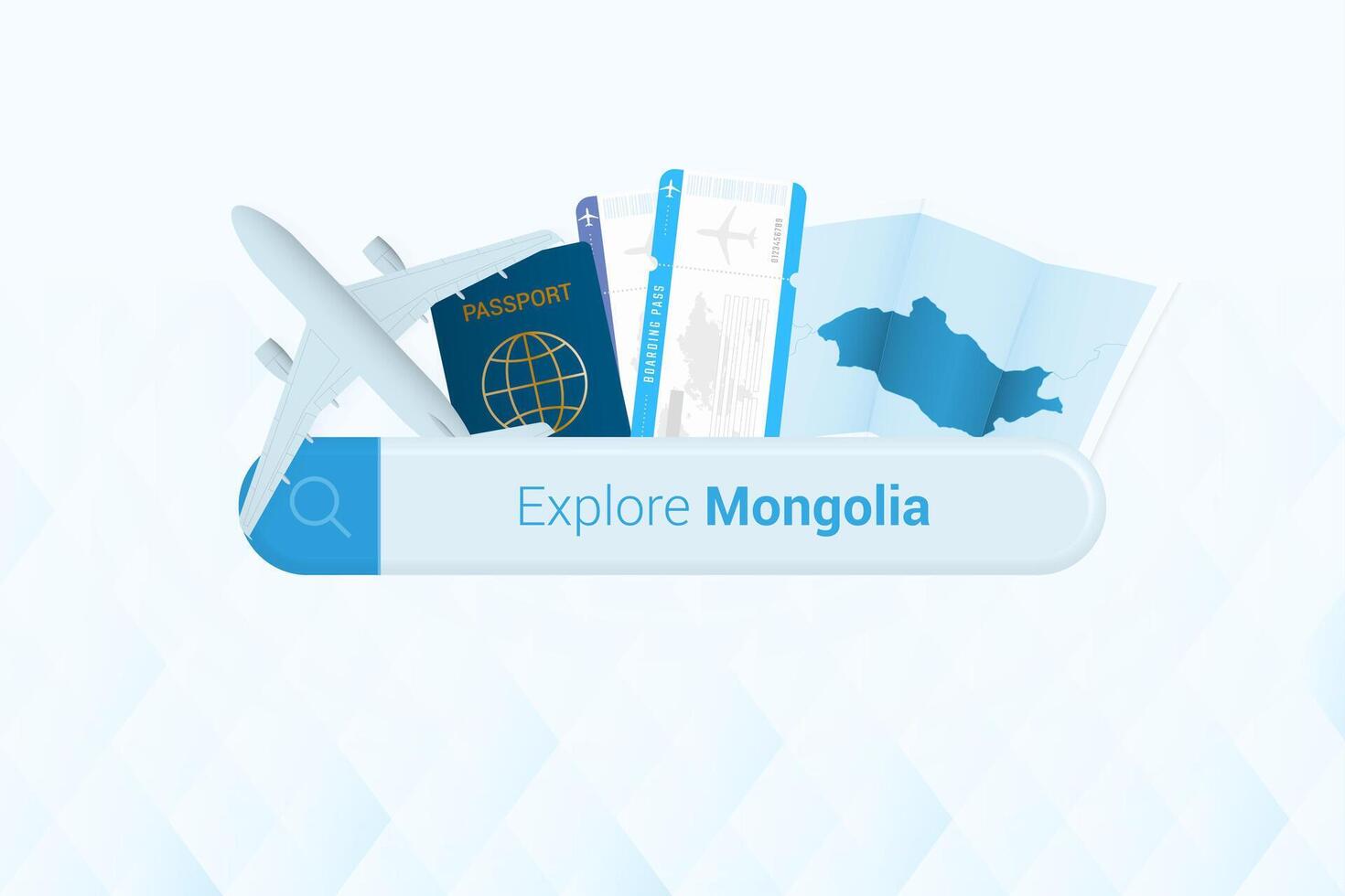 Searching tickets to Mongolia or travel destination in Mongolia. Searching bar with airplane, passport, boarding pass, tickets and map. vector