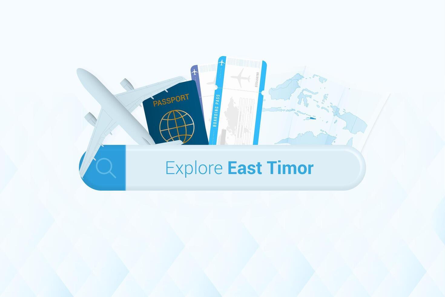 buscando Entradas a este Timor o viaje destino en este Timor. buscando bar con avión, pasaporte, embarque aprobar, Entradas y mapa. vector