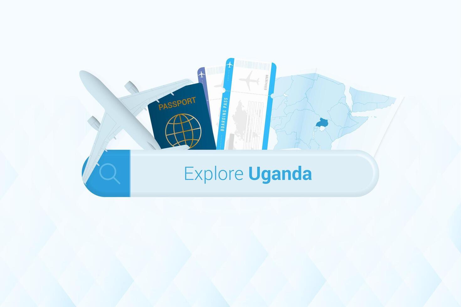 Searching tickets to Uganda or travel destination in Uganda. Searching bar with airplane, passport, boarding pass, tickets and map. vector