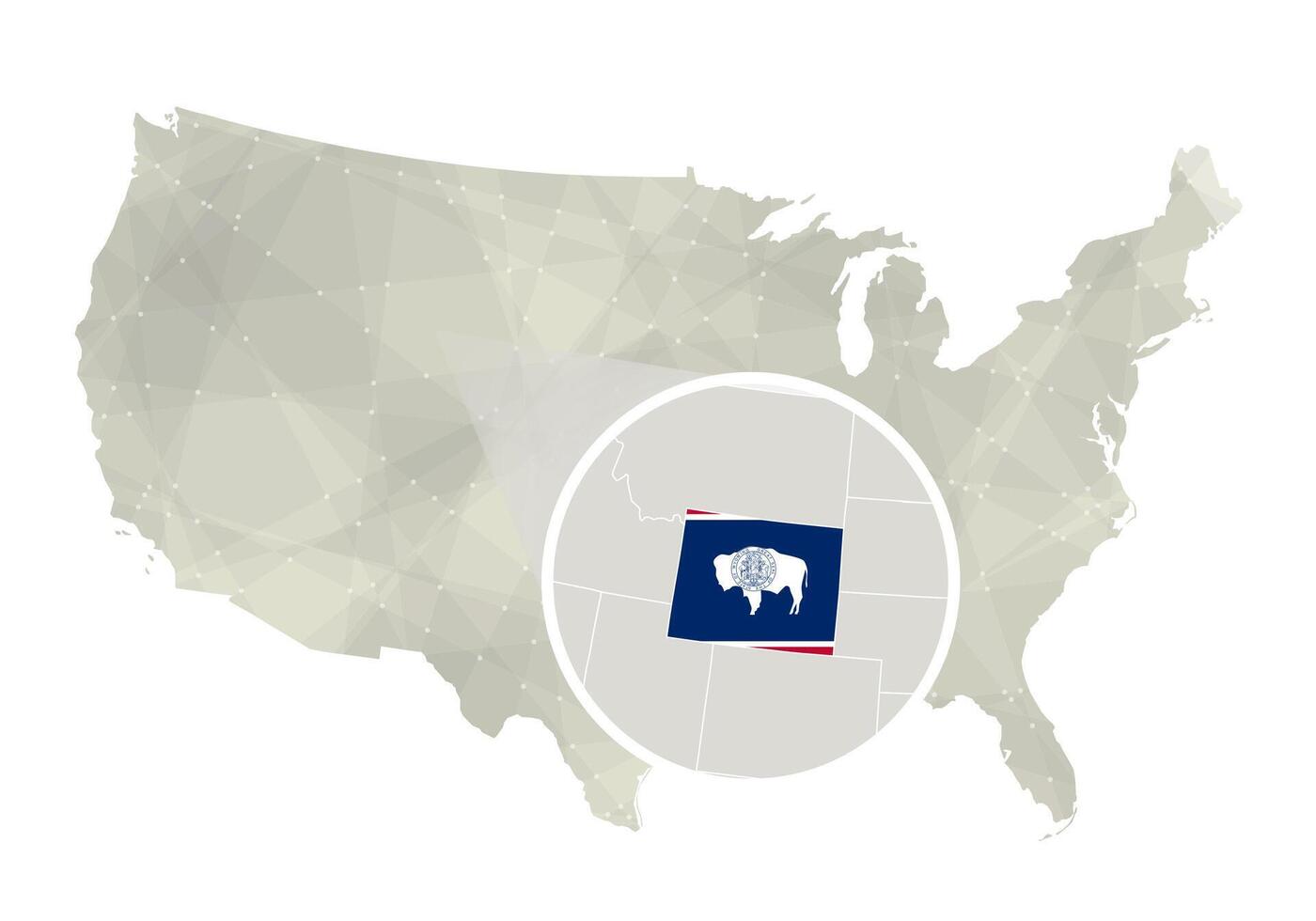 poligonal resumen Estados Unidos mapa con magnificado Wyoming estado. vector