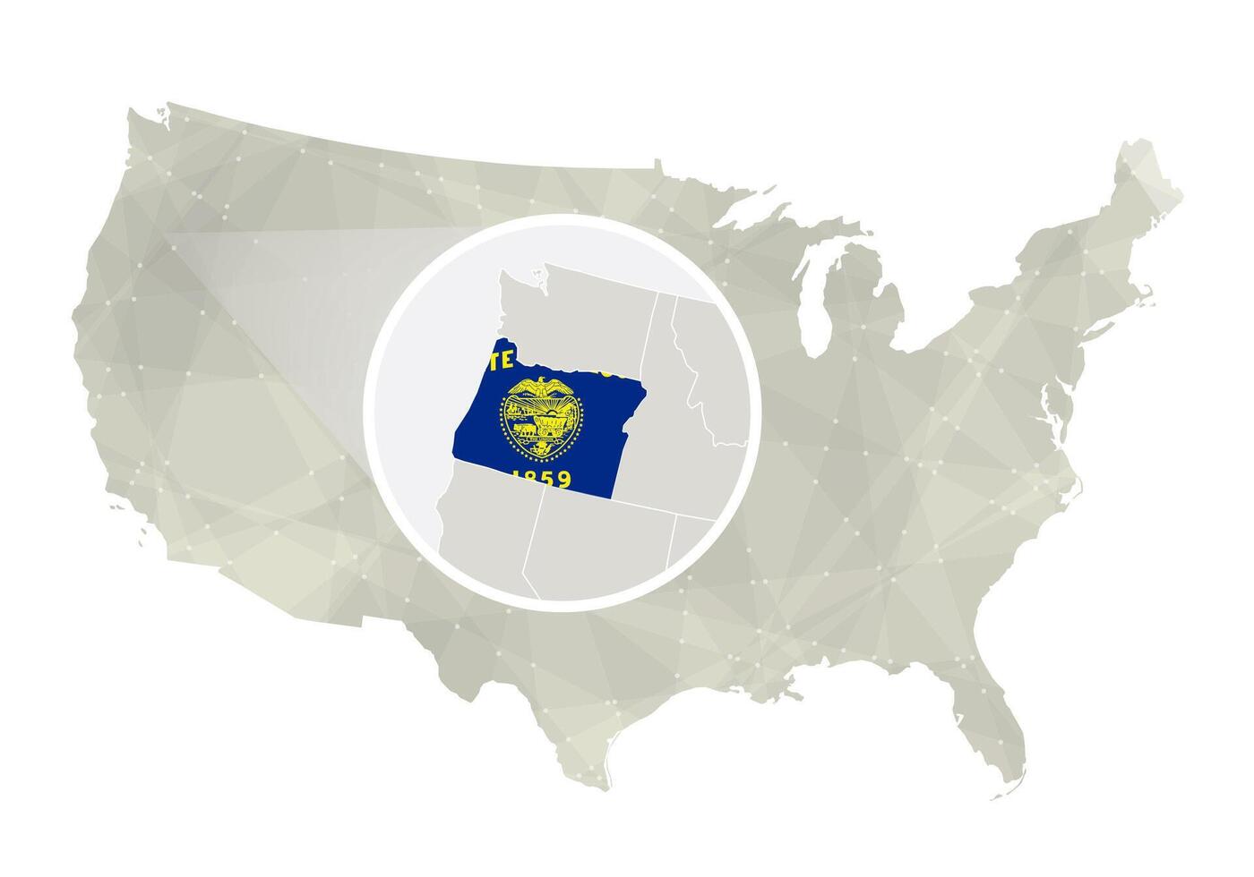 poligonal resumen Estados Unidos mapa con magnificado Oregón estado. vector