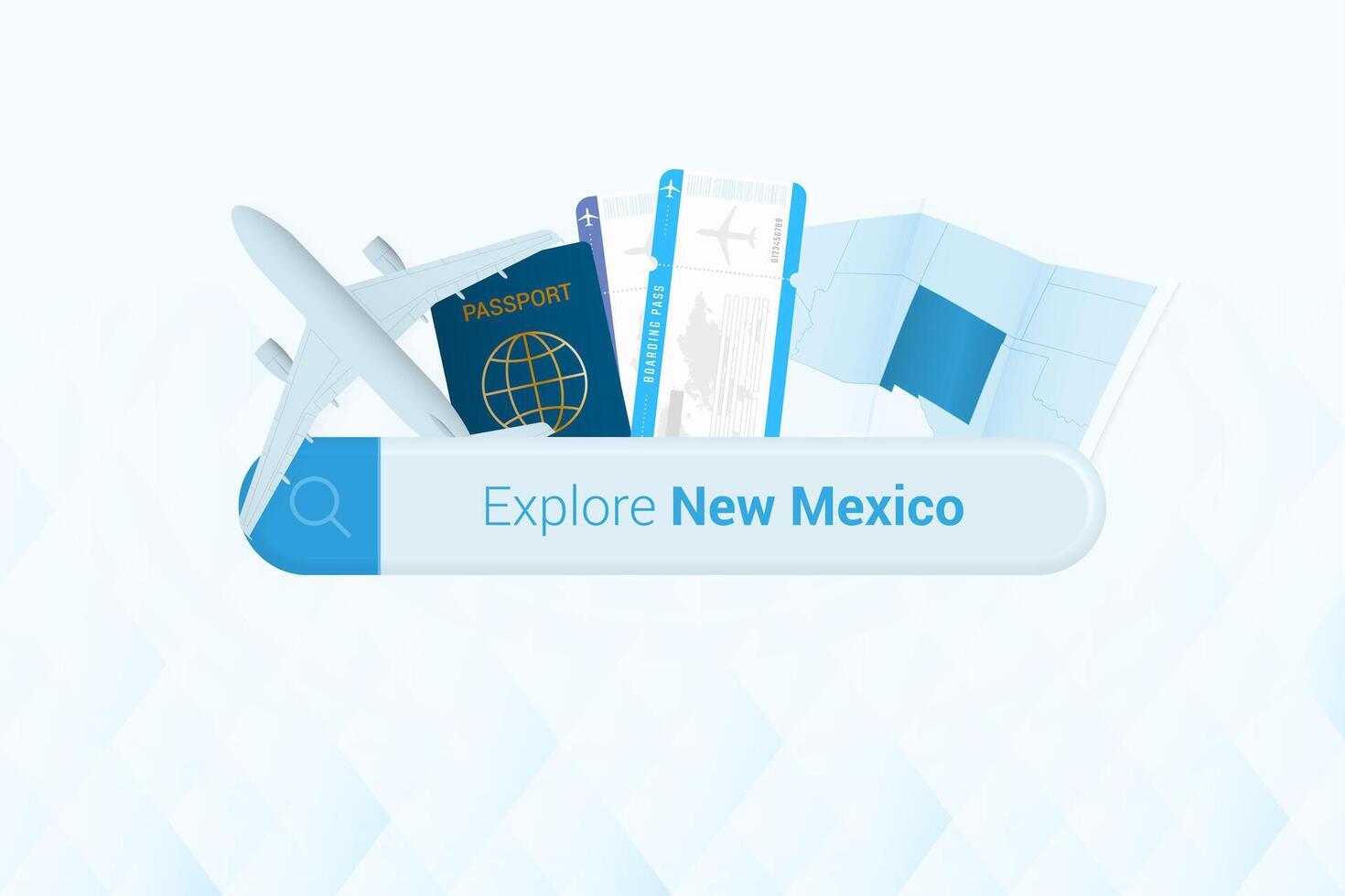 buscando Entradas a nuevo mexico o viaje destino en nuevo México. buscando bar con avión, pasaporte, embarque aprobar, Entradas y mapa. vector