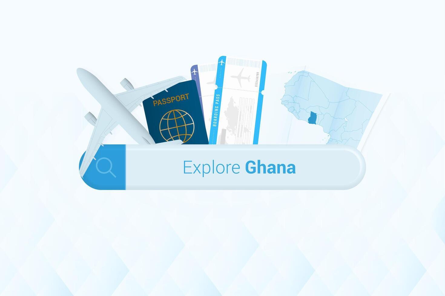 buscando Entradas a Ghana o viaje destino en Ghana. buscando bar con avión, pasaporte, embarque aprobar, Entradas y mapa. vector