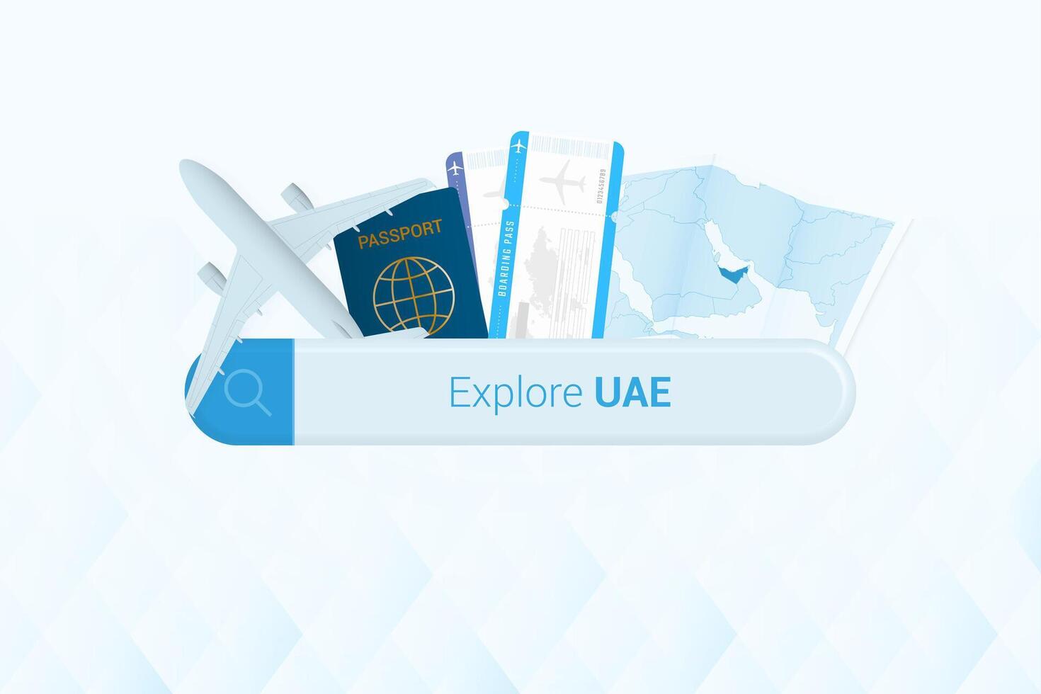 Searching tickets to United Arab Emirates or travel destination in United Arab Emirates. Searching bar with airplane, passport, boarding pass, tickets and map. vector