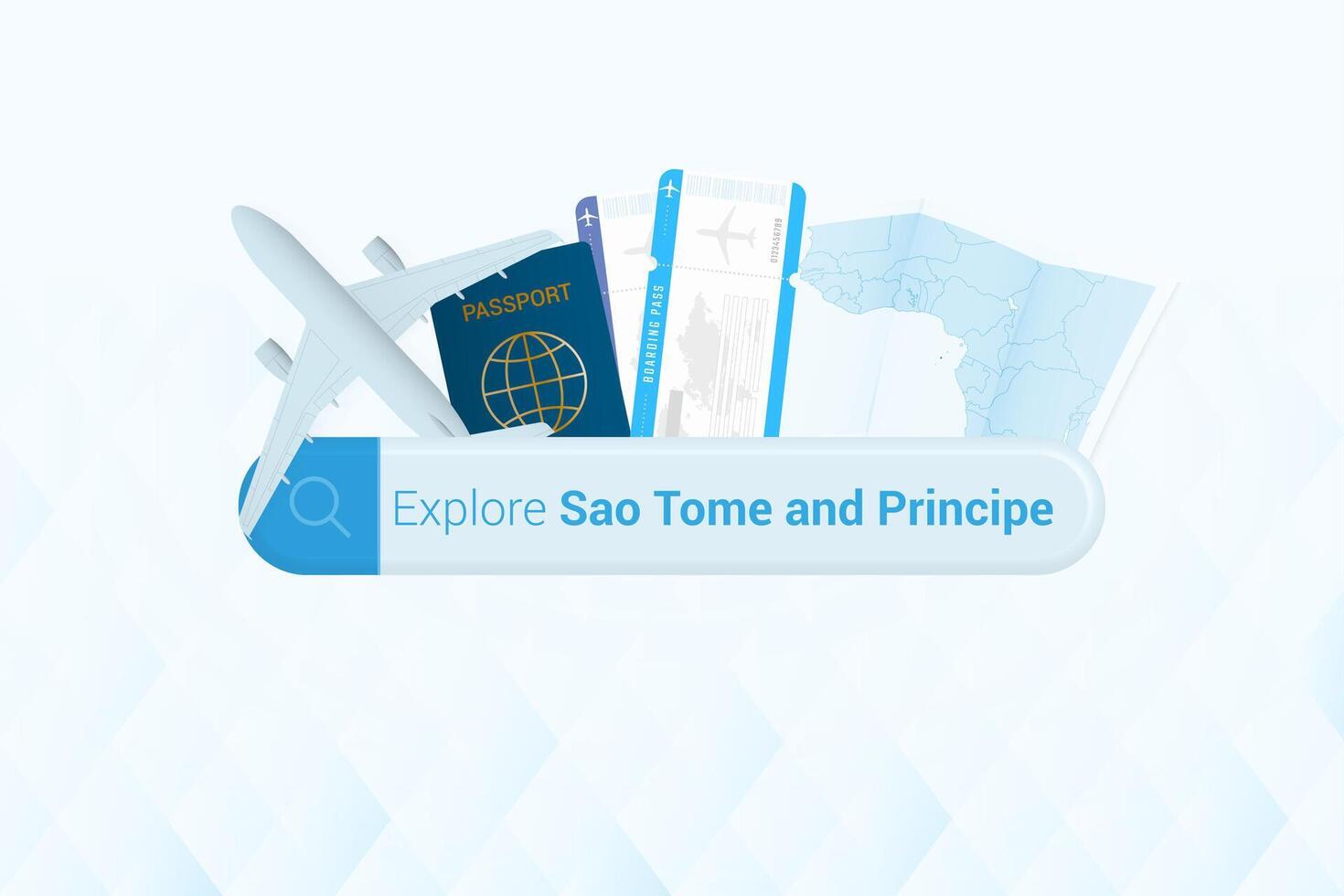 Searching tickets to Sao Tome and Principe or travel destination in Sao Tome and Principe. Searching bar with airplane, passport, boarding pass, tickets and map. vector