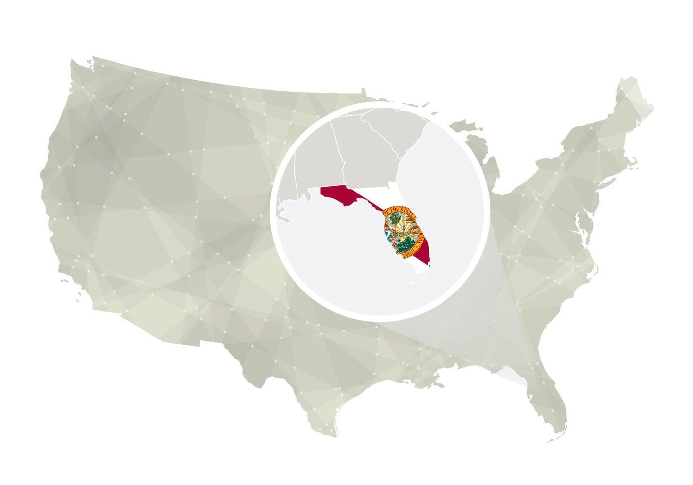 Polygonal abstract USA map with magnified Florida state. vector