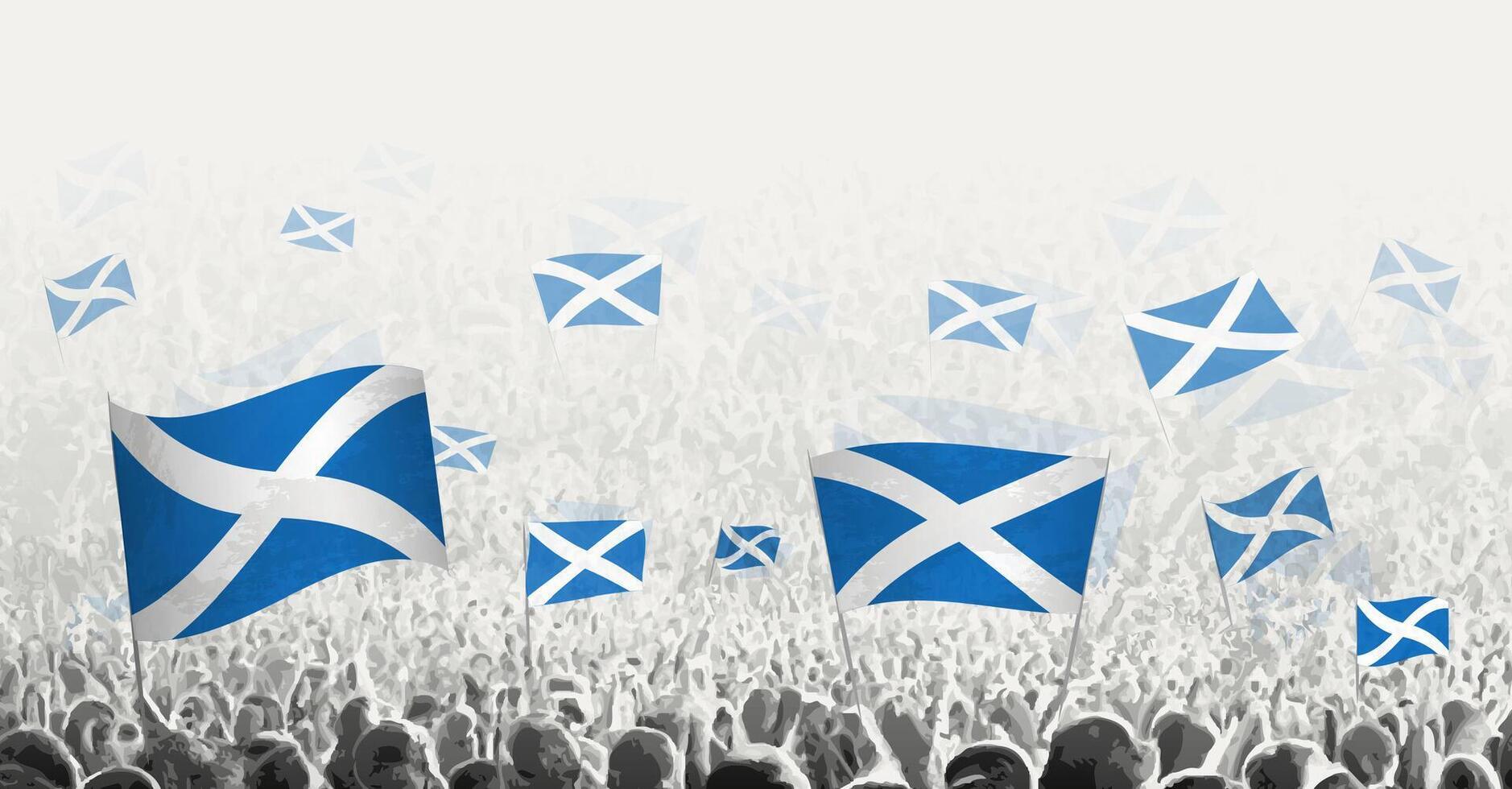 resumen multitud con bandera de Escocia. pueblos protesta, revolución, Huelga y demostración con bandera de Escocia. vector